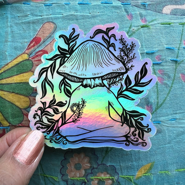 Meditating Mushroom Holographic Sticker